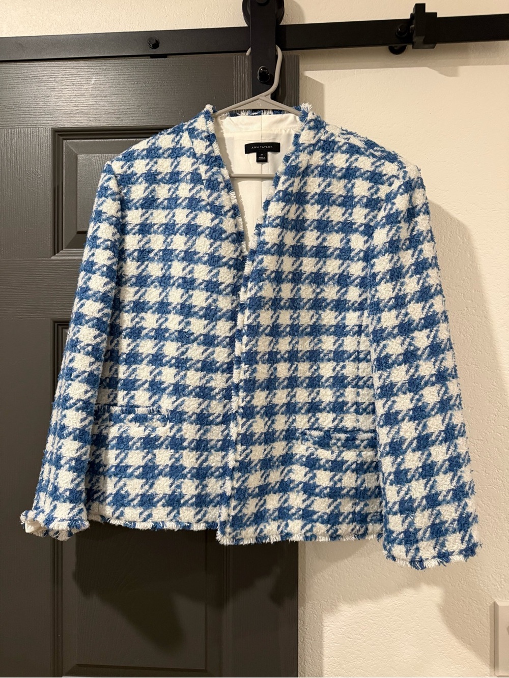 Ann Taylor Blue and White Textured Tweed Open Jacket